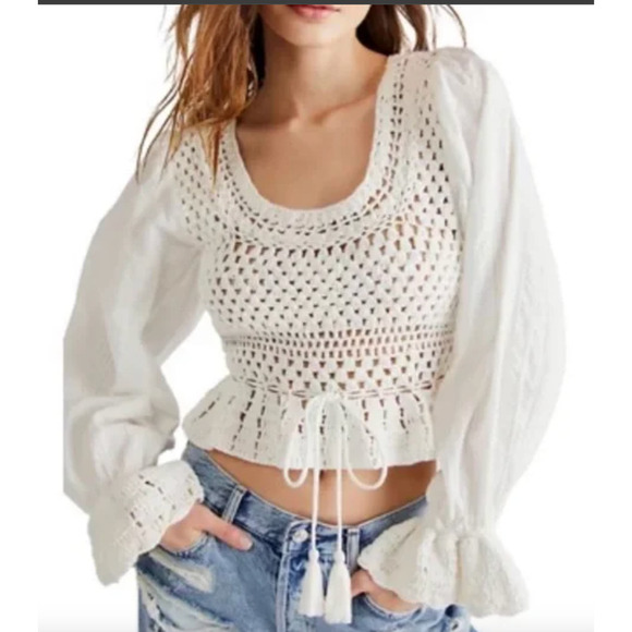 Free People Megan Crochet Open Back Long Sleeve Eyelet Crop Top Ivory Sz S Boho - Picture 1 of 14